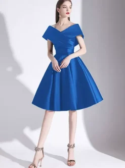 Cocktail Dress 2026 A-Line V-Neck Knee-Length Short Sleeves Lace-Up Pleated Satin Little Black Dress Free Customization
