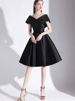 Cocktail Dress 2026 A-Line V-Neck Knee-Length Short Sleeves Lace-Up Pleated Satin Little Black Dress Free Customization