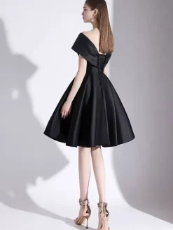 Cocktail Dress 2026 A-Line V-Neck Knee-Length Short Sleeves Lace-Up Pleated Satin Little Black Dress Free Customization