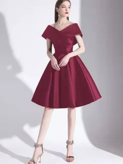Cocktail Dress 2026 A-Line V-Neck Knee-Length Short Sleeves Lace-Up Pleated Satin Little Black Dress Free Customization
