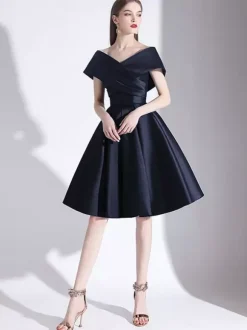 Cocktail Dress 2026 A-Line V-Neck Knee-Length Short Sleeves Lace-Up Pleated Satin Little Black Dress Free Customization
