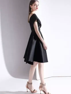 Cocktail Dress 2026 A-Line V-Neck Knee-Length Short Sleeves Lace-Up Pleated Satin Little Black Dress Free Customization