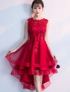 Cocktail Dresses Red High Low Prom Homecoming Dress Lace Applique Asymmetrical Party Dress Free Customization