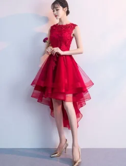 Cocktail Dresses Red High Low Prom Homecoming Dress Lace Applique Asymmetrical Party Dress Free Customization