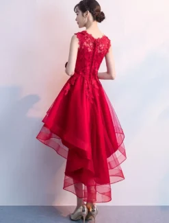 Cocktail Dresses Red High Low Prom Homecoming Dress Lace Applique Asymmetrical Party Dress Free Customization