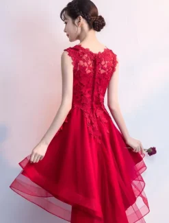 Cocktail Dresses Red High Low Prom Homecoming Dress Lace Applique Asymmetrical Party Dress Free Customization