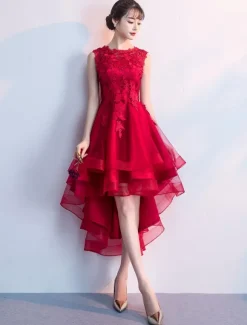 Cocktail Dresses Red High Low Prom Homecoming Dress Lace Applique Asymmetrical Party Dress Free Customization