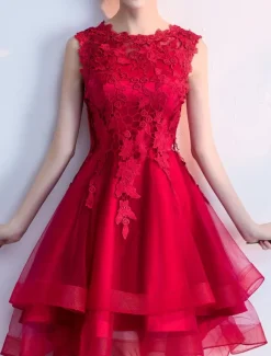 Cocktail Dresses Red High Low Prom Homecoming Dress Lace Applique Asymmetrical Party Dress Free Customization