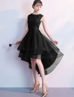 Cocktail Dresses Red High Low Prom Homecoming Dress Lace Applique Asymmetrical Party Dress Free Customization