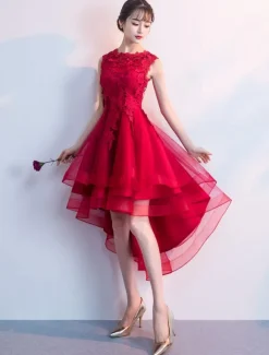 Cocktail Dresses Red High Low Prom Homecoming Dress Lace Applique Asymmetrical Party Dress Free Customization