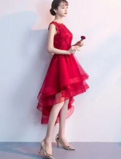 Cocktail Dresses Red High Low Prom Homecoming Dress Lace Applique Asymmetrical Party Dress Free Customization