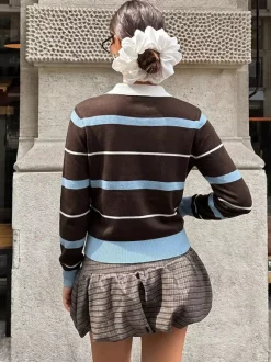 Coffee Blue Striped Polo Knit Top White Collar Half Button Long Sleeve Slim Cropped Sweater