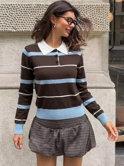 Coffee Blue Striped Polo Knit Top White Collar Half Button Long Sleeve Slim Cropped Sweater