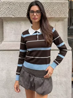 Coffee Blue Striped Polo Knit Top White Collar Half Button Long Sleeve Slim Cropped Sweater