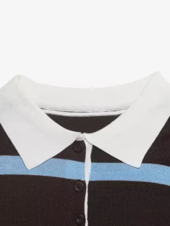 Coffee Blue Striped Polo Knit Top White Collar Half Button Long Sleeve Slim Cropped Sweater