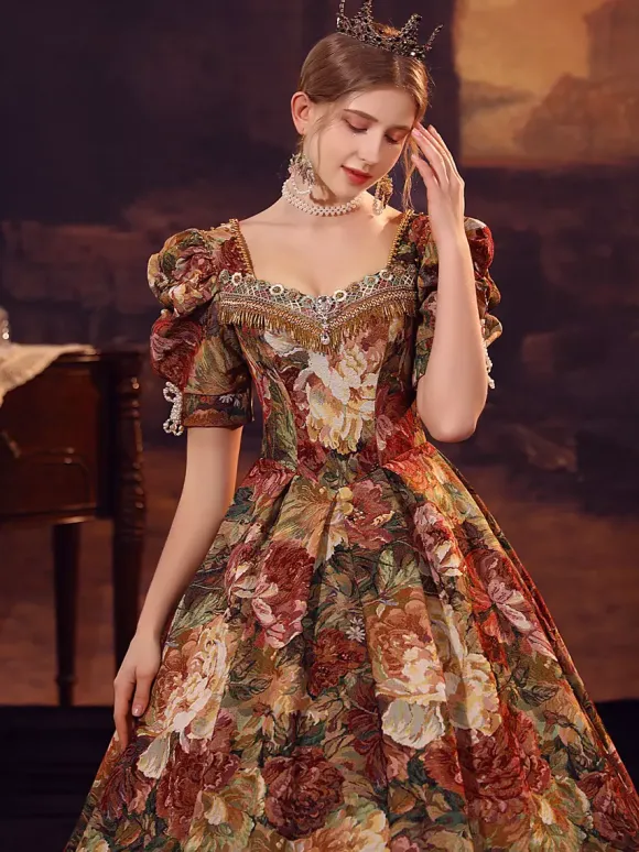 Coffee Brown Retro Tudor Dress Costumes Women's Polyester Dress Marie Antoinette Costume Euro-Style 18th Century Costume