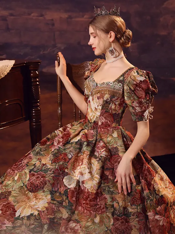 Coffee Brown Retro Tudor Dress Costumes Women's Polyester Dress Marie Antoinette Costume Euro-Style 18th Century Costume