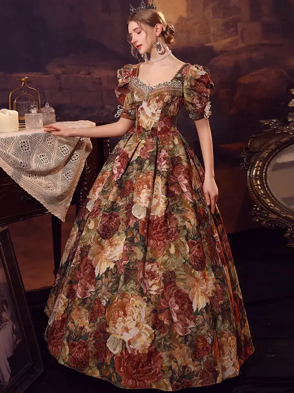 Coffee Brown Retro Tudor Dress Costumes Women's Polyester Dress Marie Antoinette Costume Euro-Style 18th Century Costume