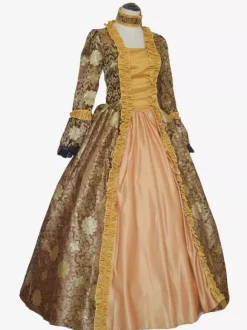 Coffee Brown Retro Tudor Dress Costumes Girl's Tattoo Print Lace Up Satin Fabric Marie Antoinette Costume Set Choker Dress Gothic 18th Century Costume
