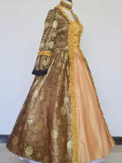 Coffee Brown Retro Tudor Dress Costumes Girl's Tattoo Print Lace Up Satin Fabric Marie Antoinette Costume Set Choker Dress Gothic 18th Century Costume