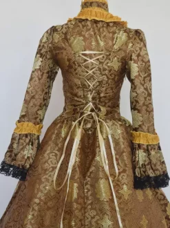 Coffee Brown Retro Tudor Dress Costumes Girl's Tattoo Print Lace Up Satin Fabric Marie Antoinette Costume Set Choker Dress Gothic 18th Century Costume