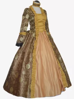 Coffee Brown Retro Tudor Dress Costumes Girl's Tattoo Print Lace Up Satin Fabric Marie Antoinette Costume Set Choker Dress Gothic 18th Century Costume