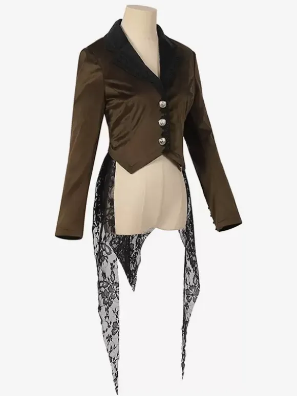 Coffee Brown Gothic women's mid-length coat autumn and winter fashion slim trench coat dark stand collar palace tuxedo