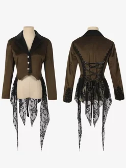 Coffee Brown Gothic women's mid-length coat autumn and winter fashion slim trench coat dark stand collar palace tuxedo