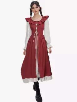 Coffee Brown Retro Costumes Pleated Costume Dress Women's Elegant Tunic Costume