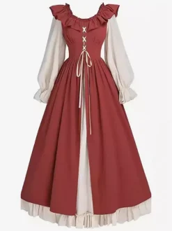 Coffee Brown Retro Costumes Pleated Costume Dress Women's Elegant Tunic Costume
