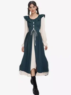 Coffee Brown Retro Costumes Pleated Costume Dress Women's Elegant Tunic Costume