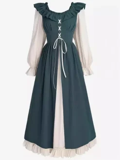 Coffee Brown Retro Costumes Pleated Costume Dress Women's Elegant Tunic Costume