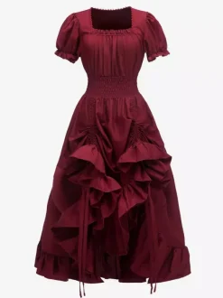 Coffee Brown Retro Costumes Pleated Costume Dress Women's Elegant Tunic Costume Burgundy