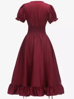 Coffee Brown Retro Costumes Pleated Costume Dress Women's Elegant Tunic Costume Burgundy