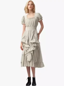 Coffee Brown Retro Costumes Pleated Costume Dress Women's Elegant Tunic Costume Burgundy