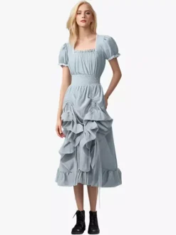Coffee Brown Retro Costumes Pleated Costume Dress Women's Elegant Tunic Costume Burgundy