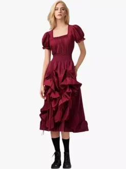 Coffee Brown Retro Costumes Pleated Costume Dress Women's Elegant Tunic Costume Burgundy