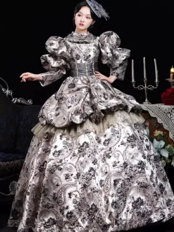 Coffee Brown Retro Costumes Ruffles Polyester Jacquard Dress Women's Retro Marie Antoinette Costume Masquerade Ball Gown