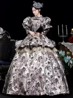 Coffee Brown Retro Costumes Ruffles Polyester Jacquard Dress Women's Retro Marie Antoinette Costume Masquerade Ball Gown
