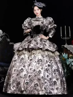 Coffee Brown Retro Costumes Ruffles Polyester Jacquard Dress Women's Retro Marie Antoinette Costume Masquerade Ball Gown