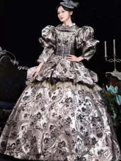 Coffee Brown Retro Costumes Ruffles Polyester Jacquard Dress Women's Retro Marie Antoinette Costume Masquerade Ball Gown
