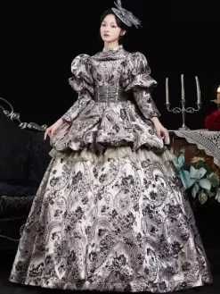 Coffee Brown Retro Costumes Ruffles Polyester Jacquard Dress Women's Retro Marie Antoinette Costume Masquerade Ball Gown