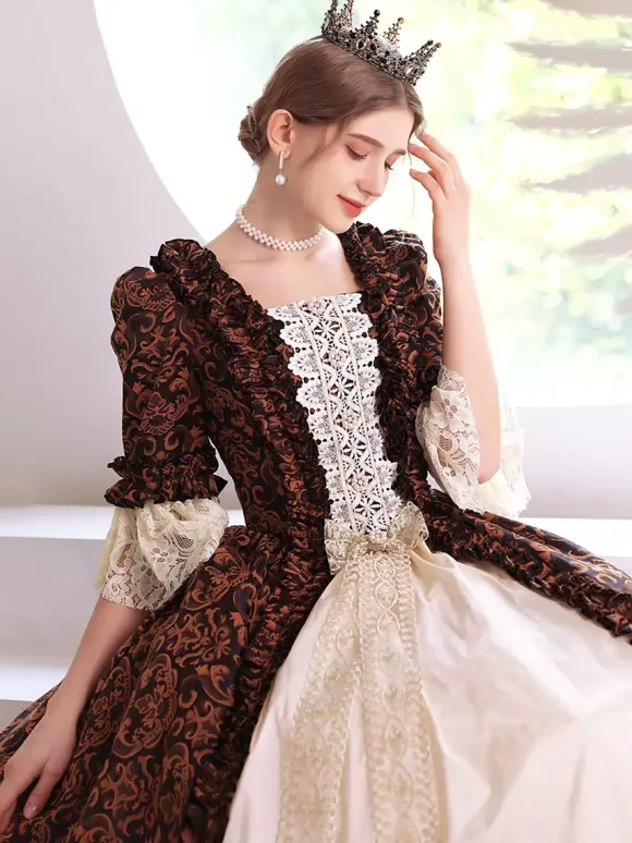 Coffee Brown Retro Costumes Polyester Dress Women's Royal Marie Antoinette Costume Masquerade Ball Gown