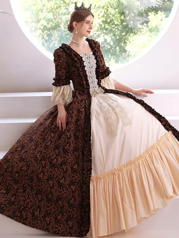 Coffee Brown Retro Costumes Polyester Dress Women's Royal Marie Antoinette Costume Masquerade Ball Gown