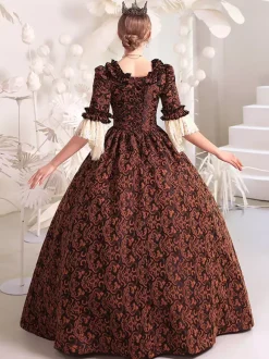 Coffee Brown Retro Costumes Polyester Dress Women's Royal Marie Antoinette Costume Masquerade Ball Gown