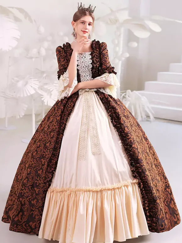 Coffee Brown Retro Costumes Polyester Dress Women's Royal Marie Antoinette Costume Masquerade Ball Gown