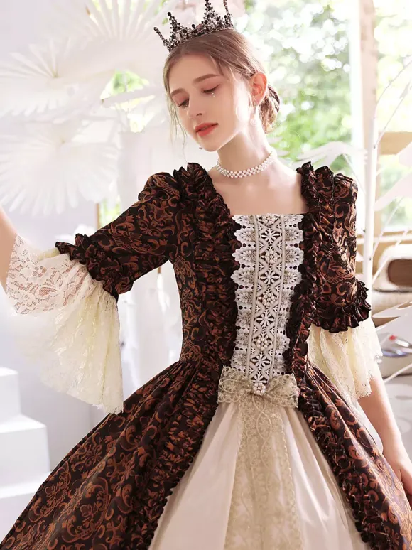 Coffee Brown Retro Costumes Polyester Dress Women's Royal Marie Antoinette Costume Masquerade Ball Gown