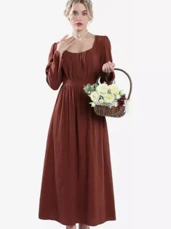 Coffee Brown Retro Costumes Pleated Costume Dress Women's Elegant Tunic Costume