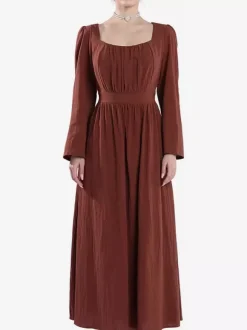 Coffee Brown Retro Costumes Pleated Costume Dress Women's Elegant Tunic Costume