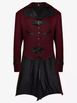 Coffee Brown Vintage Elegant Buckle Long Sleeves Polyester Overcoat Retro Costumes For Man Burgundy